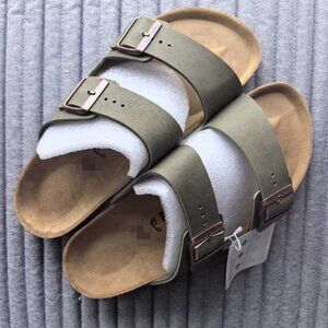 Birkenstock Arizona Sandals - Olive Green Suede with Copper Buckles